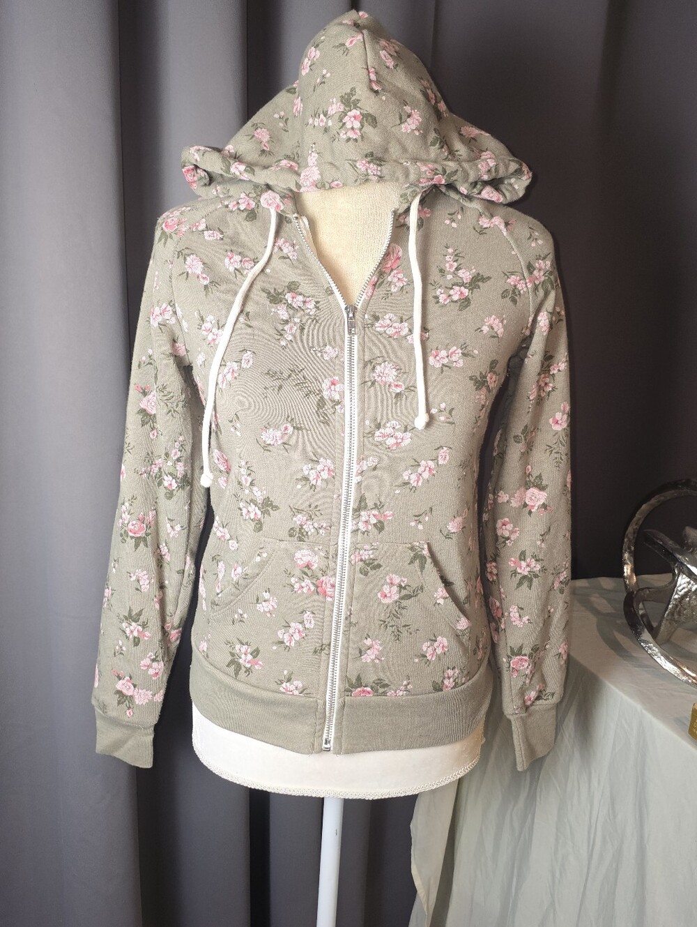 Alternative Apparel Floral Zip Hoodie Cottagecore Pink Rose XS